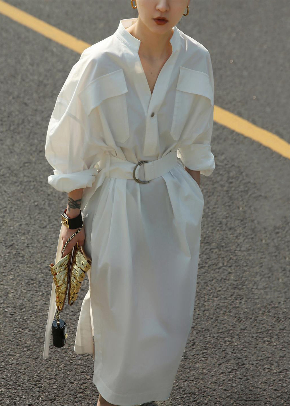 Loose White Pockets Tie Waist Side Open Cotton Blouses Dress Fall