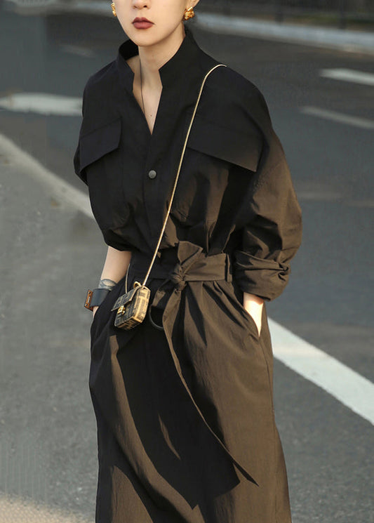 Loose White Pockets Tie Waist Side Open Cotton Blouses Dress Fall