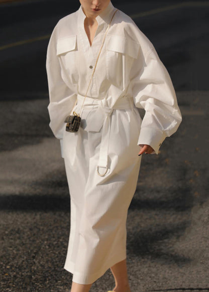 Loose White Pockets Tie Waist Side Open Cotton Blouses Dress Fall