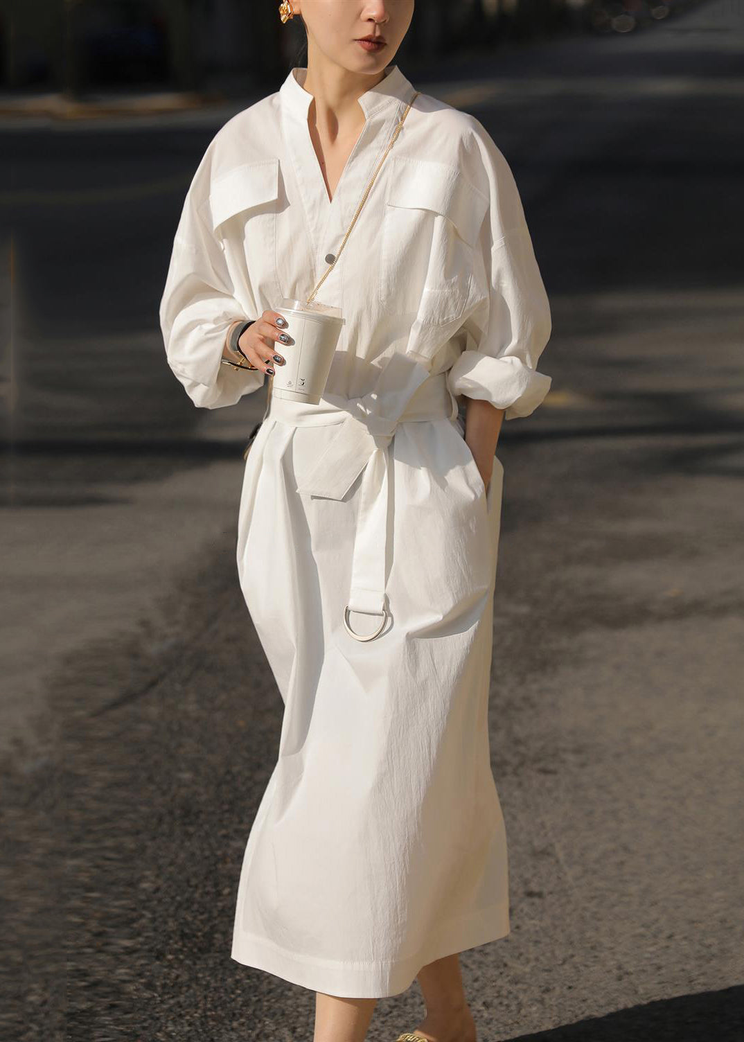 Loose White Pockets Tie Waist Side Open Cotton Blouses Dress Fall