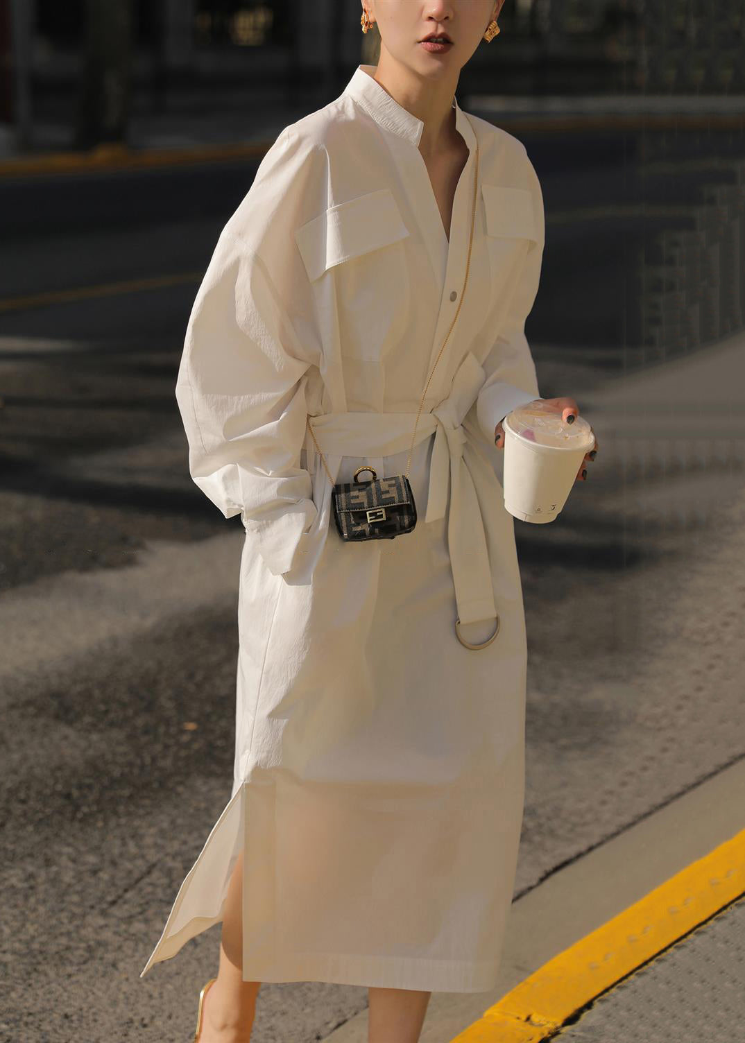 Loose White Pockets Tie Waist Side Open Cotton Blouses Dress Fall