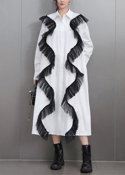 Loose White Pockets Tulle Patchwork Cotton Shirts Dress Fall