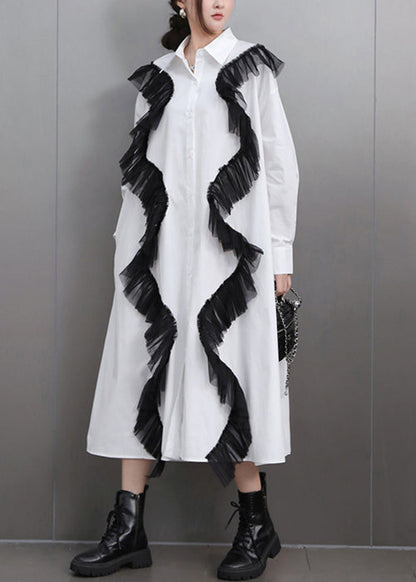 Loose White Pockets Tulle Patchwork Cotton Shirts Dress Fall