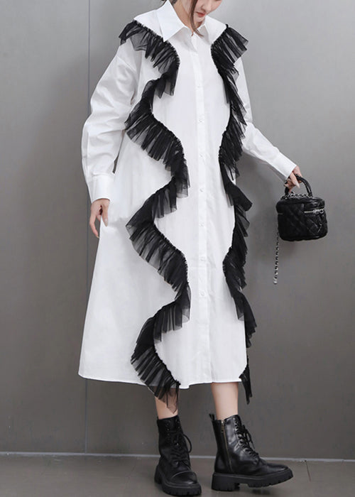 Loose White Pockets Tulle Patchwork Cotton Shirts Dress Fall