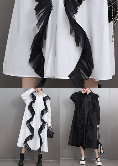 Loose White Pockets Tulle Patchwork Cotton Shirts Dress Fall