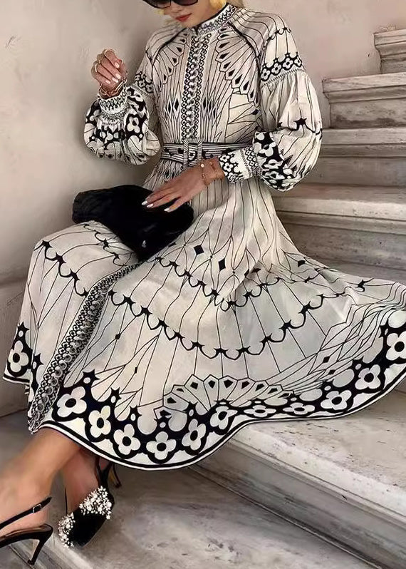 Loose White Print Sashes Cotton Maxi Dress Lantern Sleeve