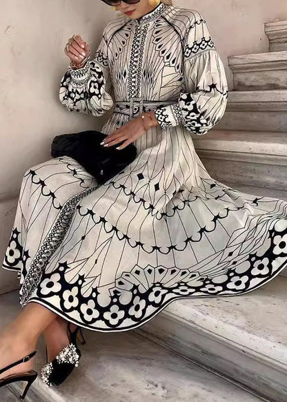 Loose White Print Sashes Cotton Maxi Dress Lantern Sleeve
