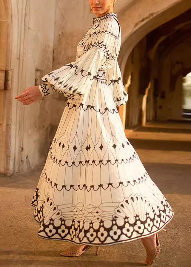 Loose White Print Sashes Cotton Maxi Dress Lantern Sleeve