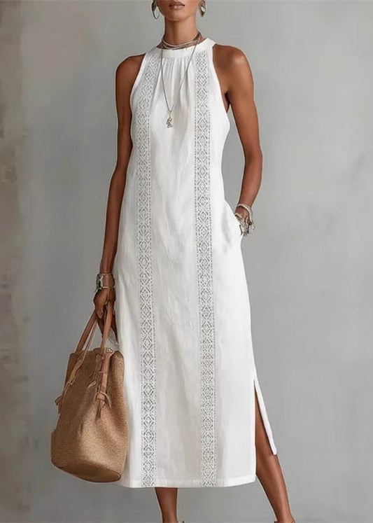 Loose White Print Side Open Maxi Dress Summer