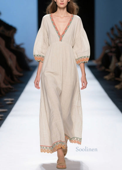 Loose White Puff Sleeve Patchwork Linen Dress Summer