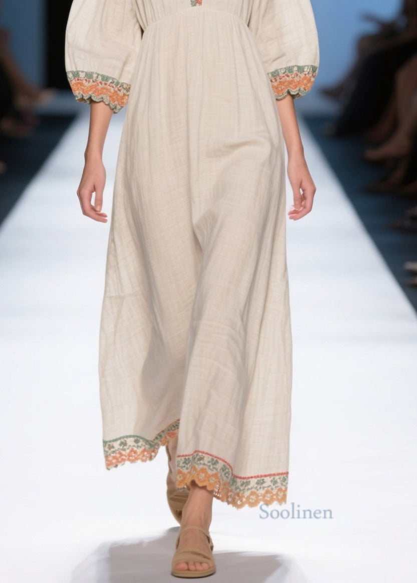 Loose White Puff Sleeve Patchwork Linen Dress Summer