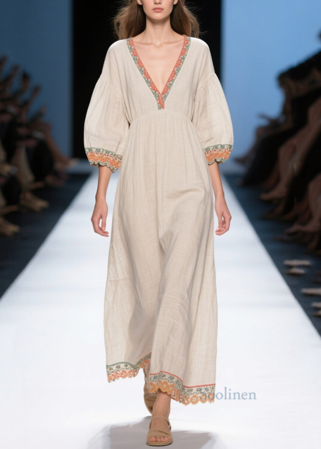 Loose White Puff Sleeve Patchwork Linen Dress Summer