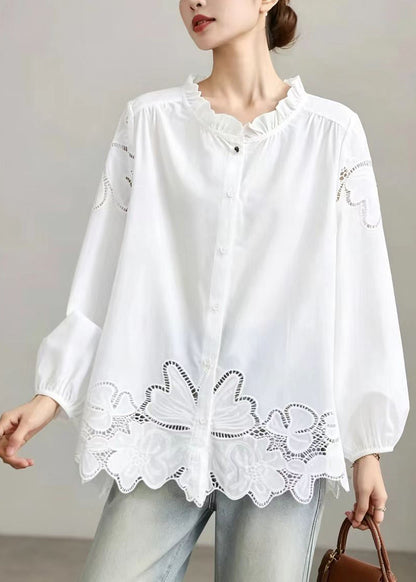 Loose White Ruffled Hollow Out Cotton Top Fall