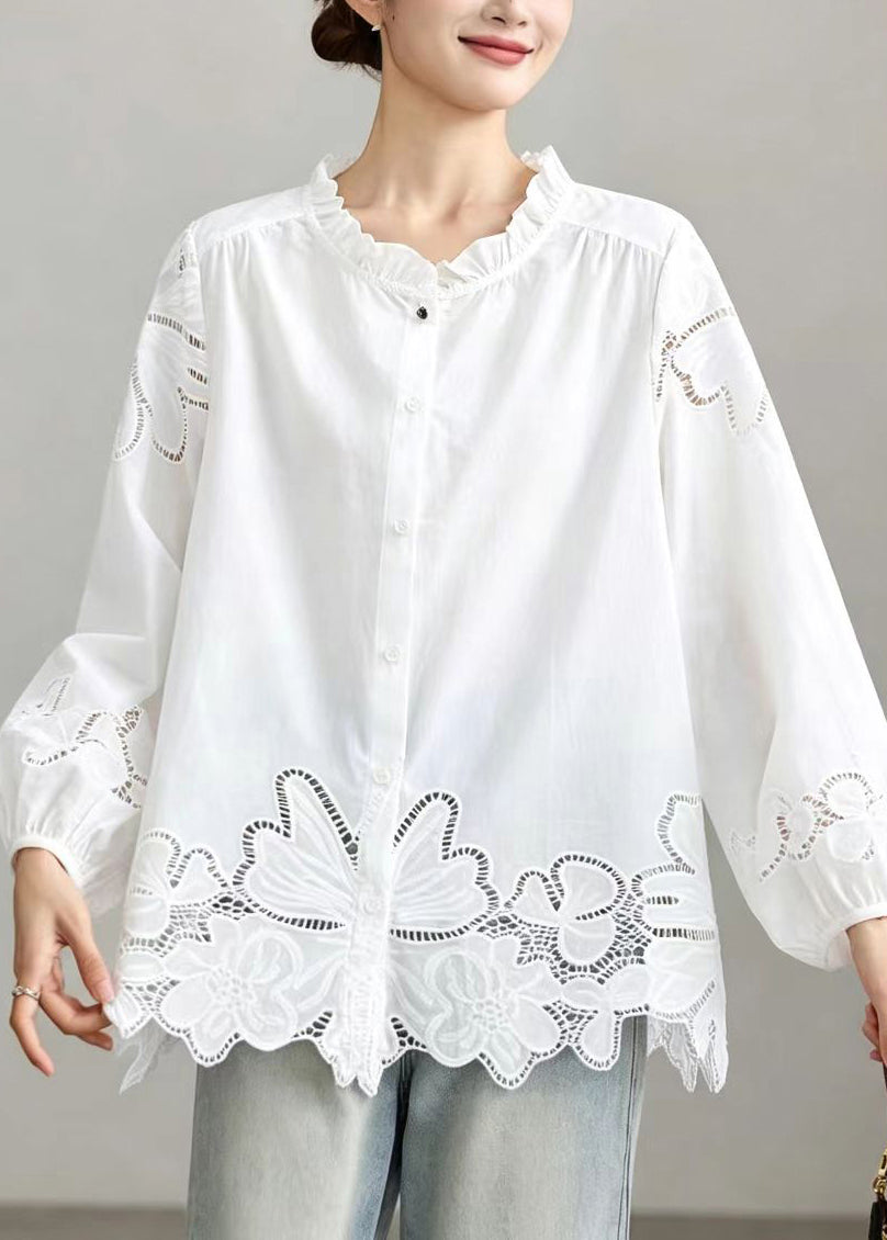 Loose White Ruffled Hollow Out Cotton Top Fall