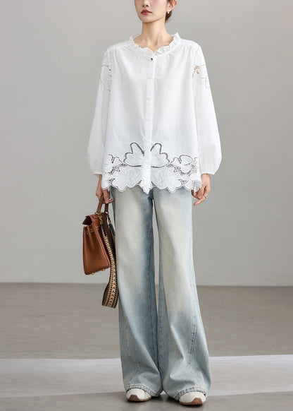 Loose White Ruffled Hollow Out Cotton Top Fall