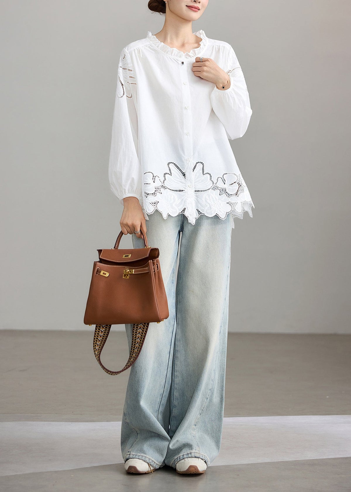 Loose White Ruffled Hollow Out Cotton Top Fall