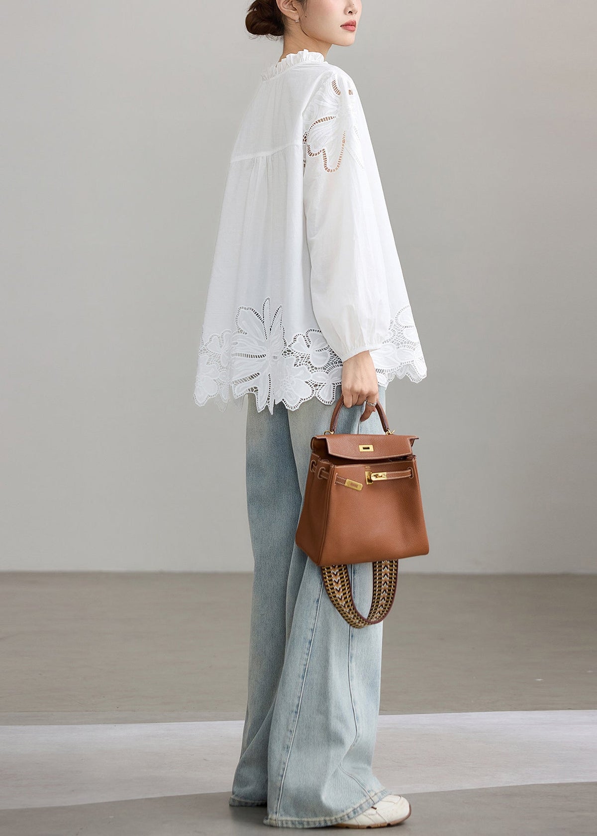 Loose White Ruffled Hollow Out Cotton Top Fall
