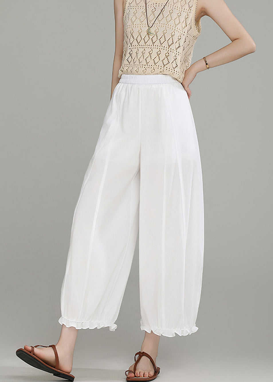 Loose White Ruffled Pockets Elastic Waist Lantern Crop Pants Summer