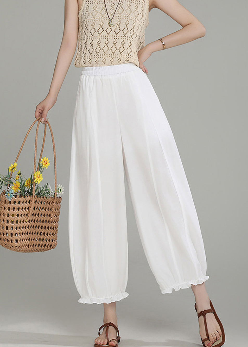 Loose White Ruffled Pockets Elastic Waist Lantern Crop Pants Summer