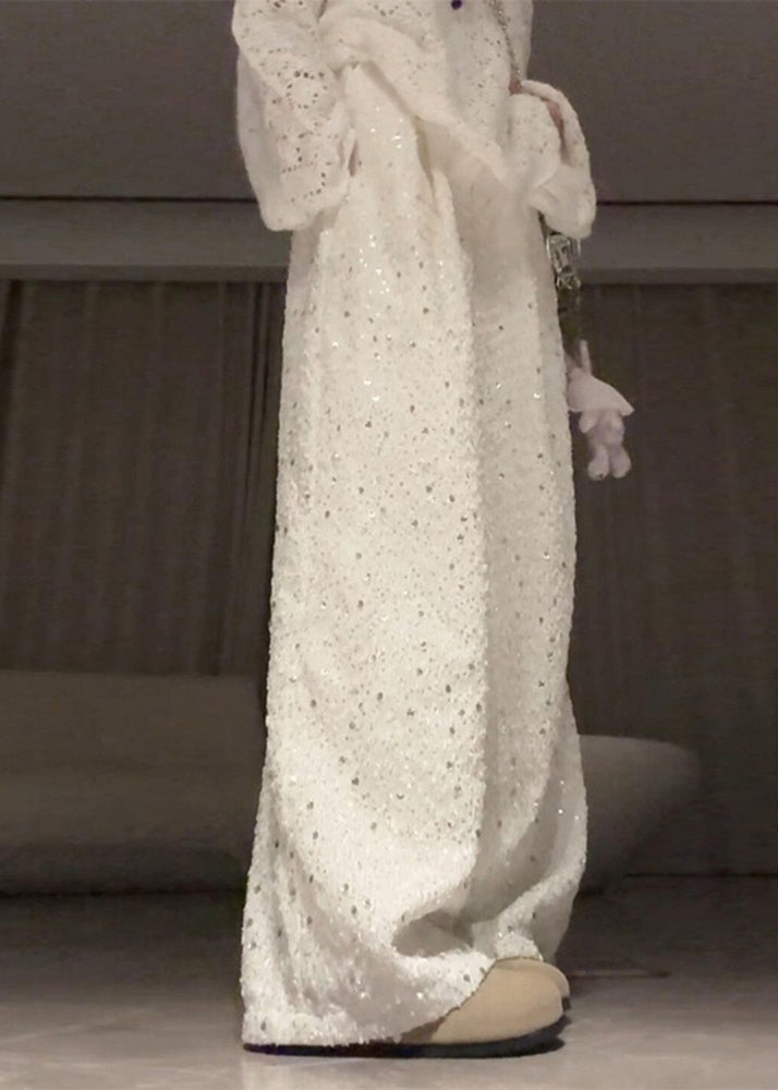 Loose White Sequins Cotton Wide Leg Pants Trousers Spring