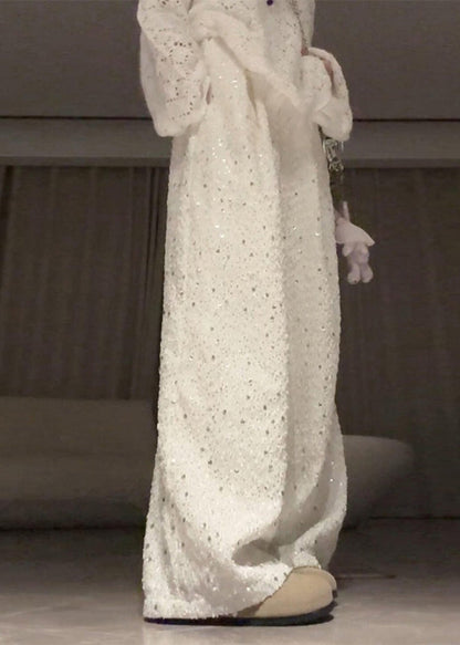 Loose White Sequins Cotton Wide Leg Pants Trousers Spring