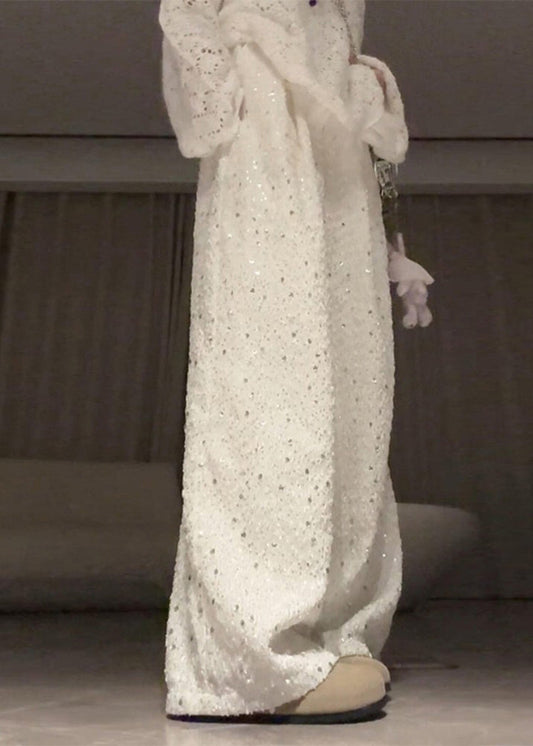 Loose White Sequins Cotton Wide Leg Pants Trousers Spring