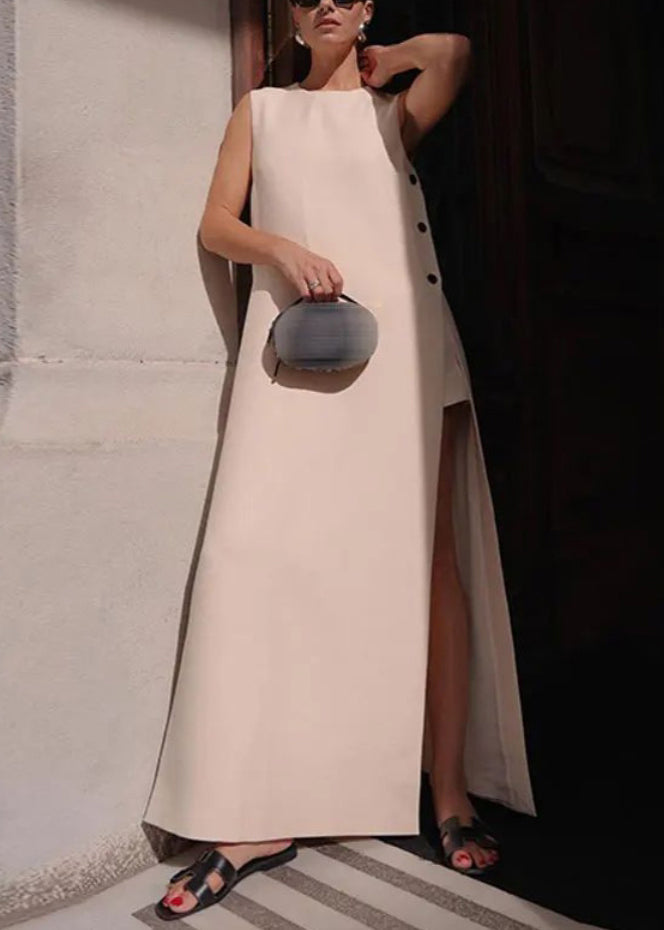 Loose White Side Open Solid Cotton Long Dresses Sleeveless