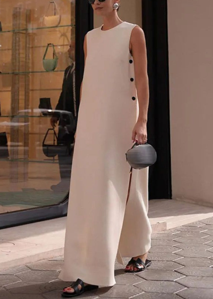 Loose White Side Open Solid Cotton Long Dresses Sleeveless