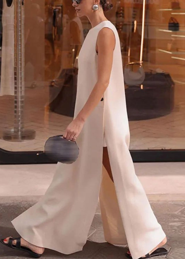 Loose White Side Open Solid Cotton Long Dresses Sleeveless