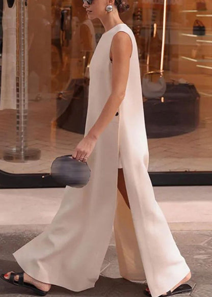 Loose White Side Open Solid Cotton Long Dresses Sleeveless