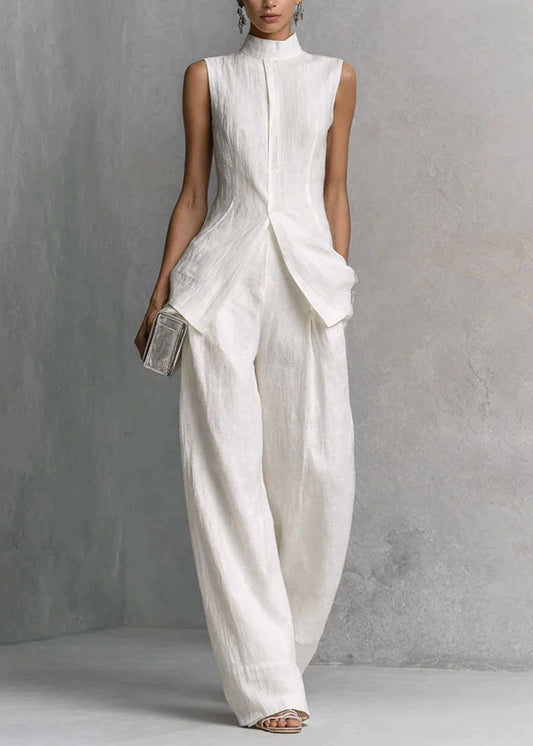 Loose White Top And Pants Cotton Two Piece Set Sleeveless