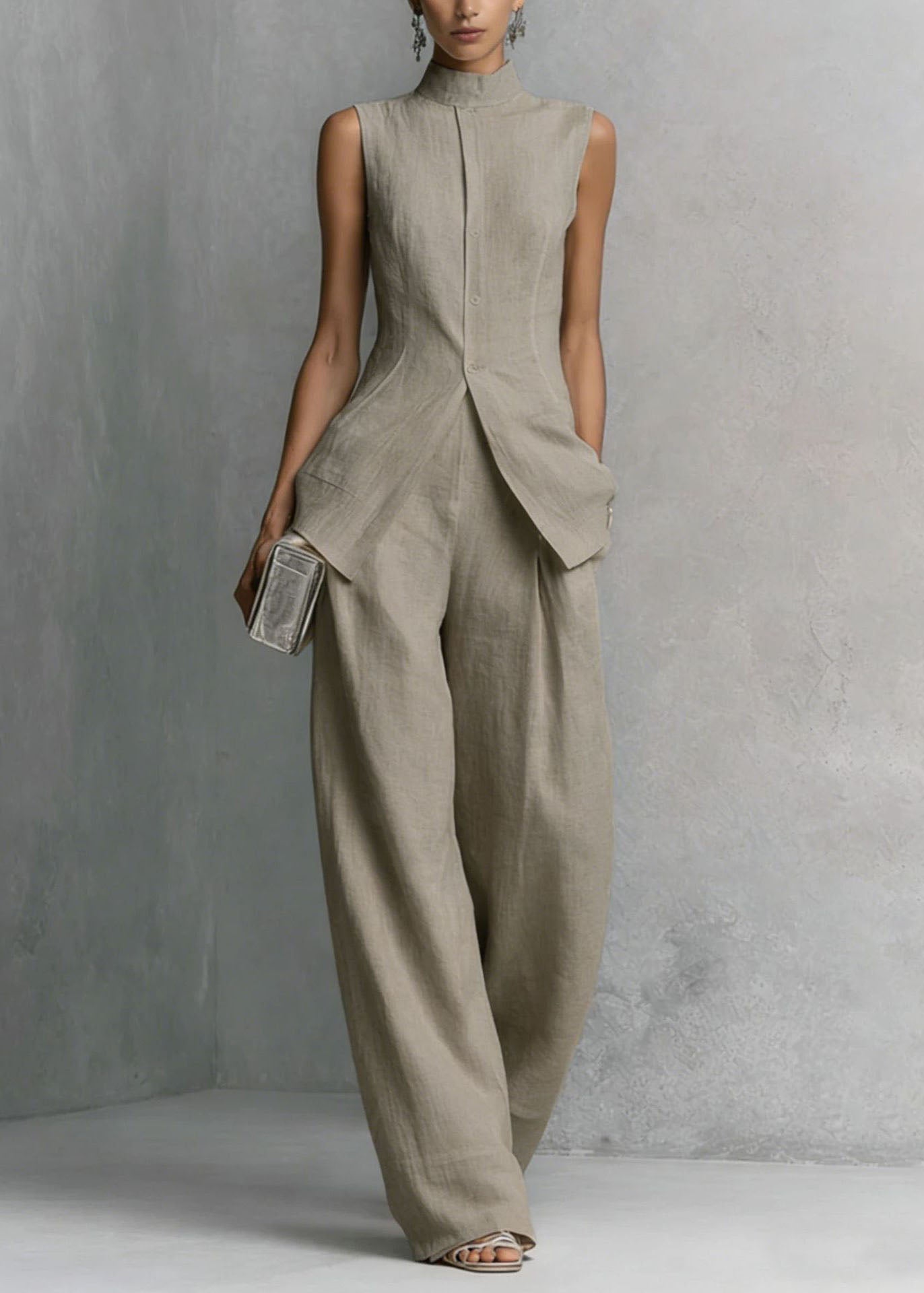 Loose White Top And Pants Cotton Two Piece Set Sleeveless