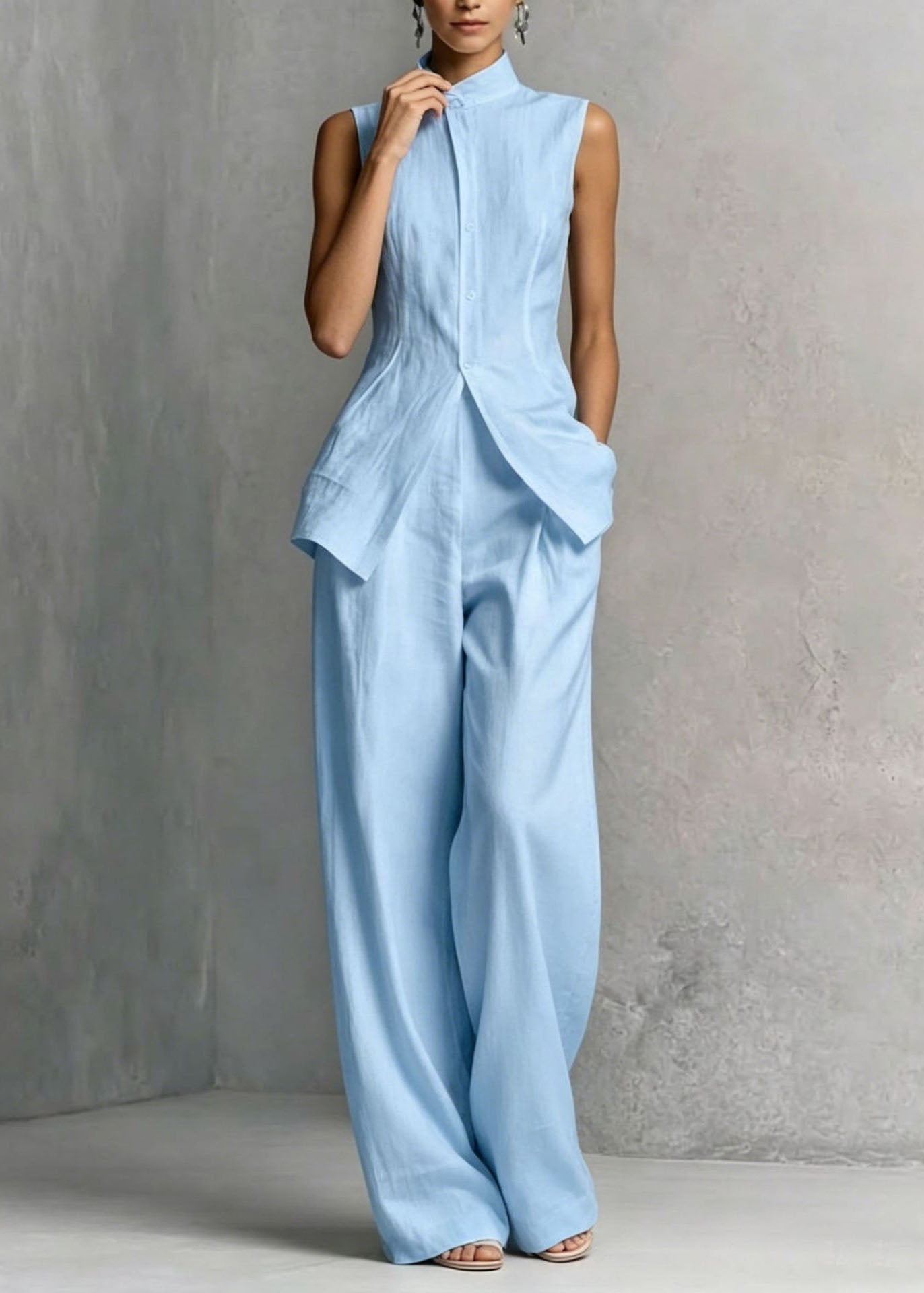 Loose White Top And Pants Cotton Two Piece Set Sleeveless