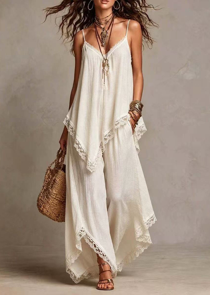 Loose White V Neck Asymmetrical Two Pieces Set Summer