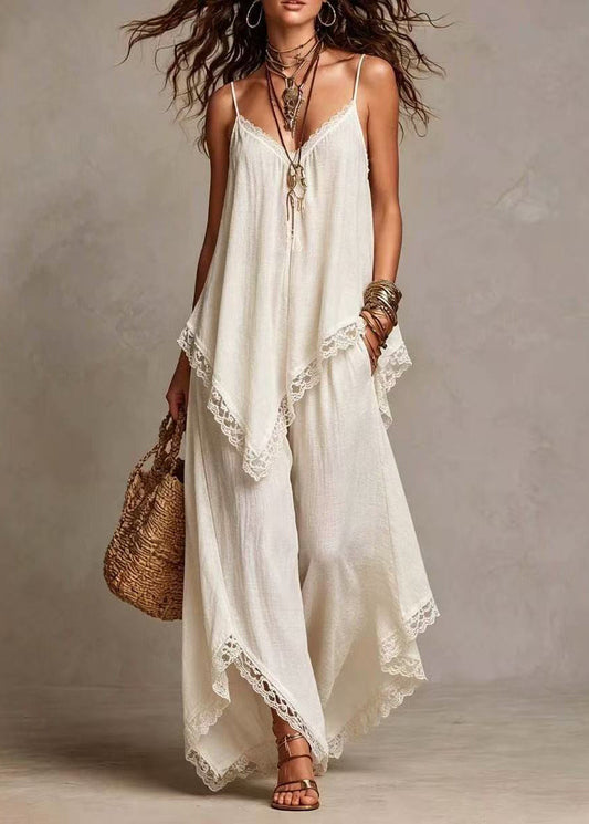 Loose White V Neck Asymmetrical Two Pieces Set Summer