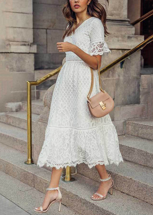 Loose White V Neck Hollow Out Lace Maxi Dress Summer