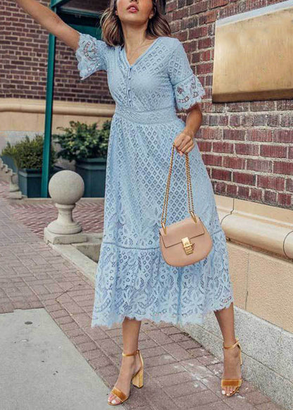 Loose White V Neck Hollow Out Lace Maxi Dress Summer
