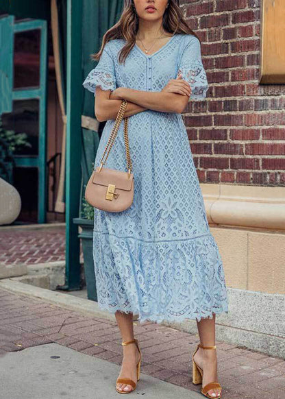 Loose White V Neck Hollow Out Lace Maxi Dress Summer