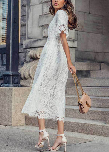 Loose White V Neck Hollow Out Lace Maxi Dress Summer