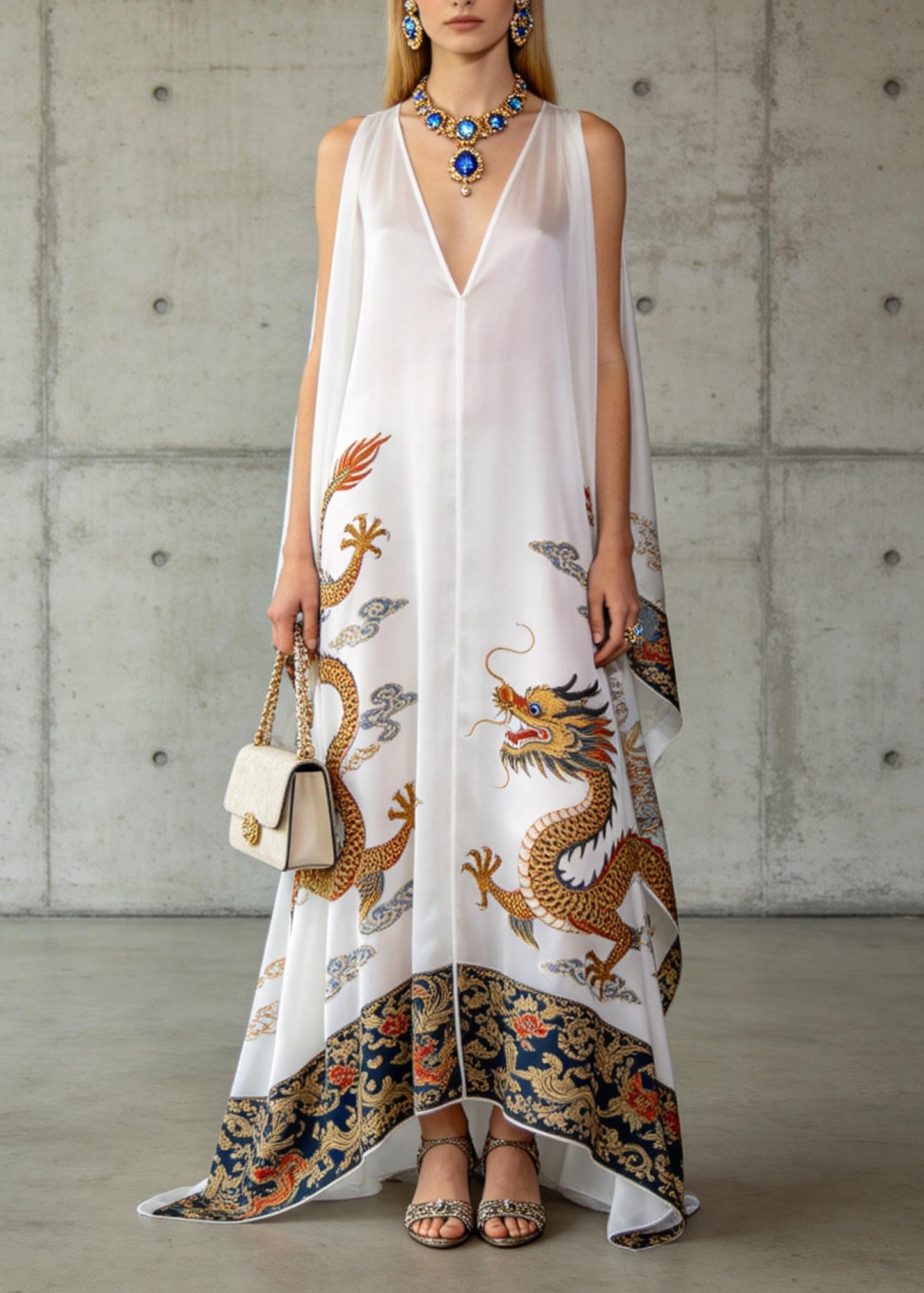 Loose White V Neck Oriental Print Chiffon Dresses Sleeveless