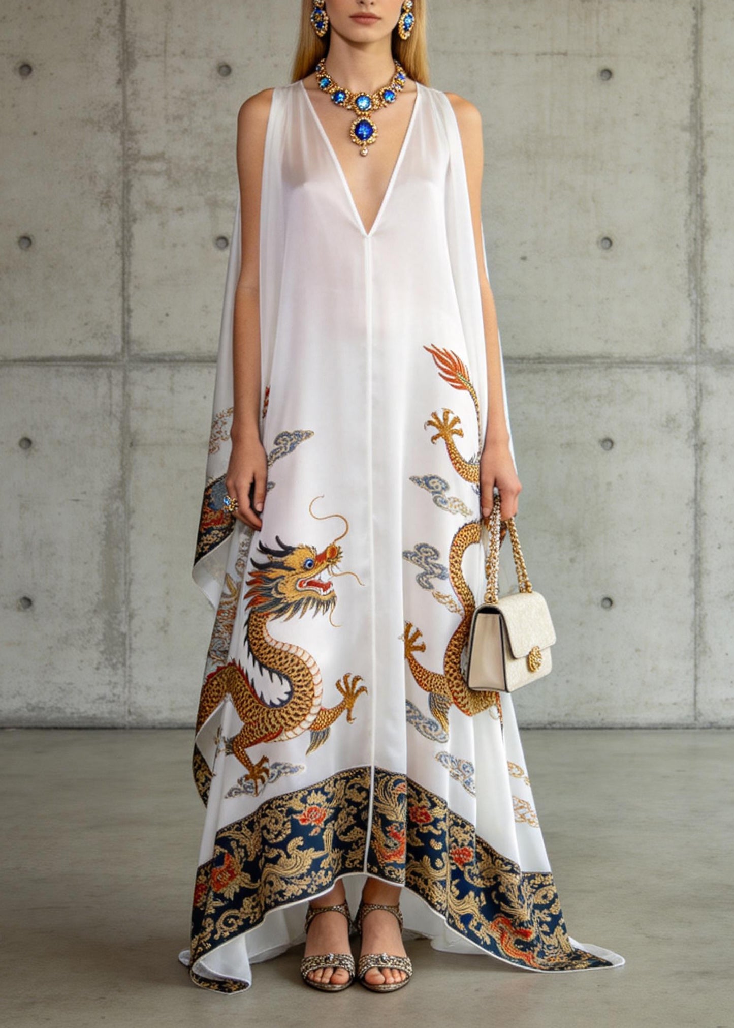 Loose White V Neck Oriental Print Chiffon Dresses Sleeveless