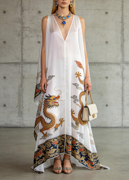 Loose White V Neck Oriental Print Chiffon Dresses Sleeveless