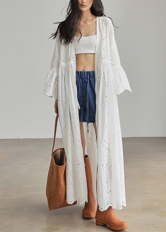 Loose White V Neck Patchwork Hollow Out Cardigans Flare Sleeve