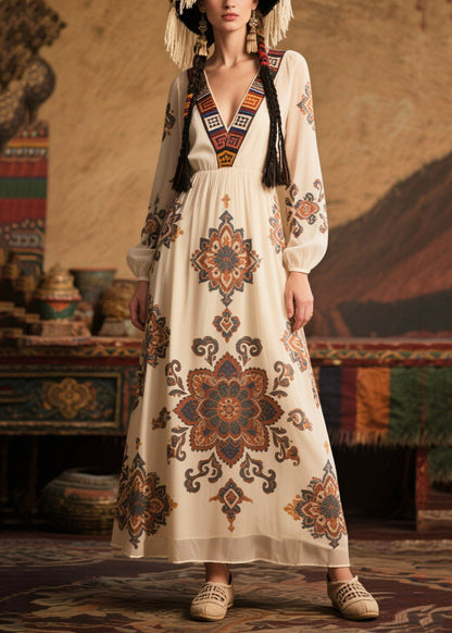 Loose White V Neck Print Chiffon Holiday Dress Fall