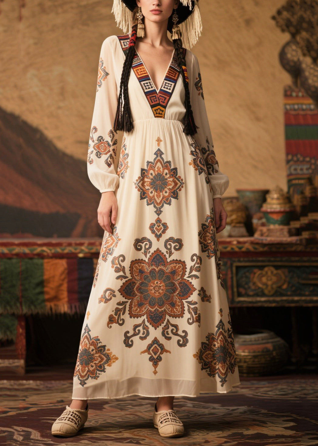 Loose White V Neck Print Chiffon Holiday Dress Fall