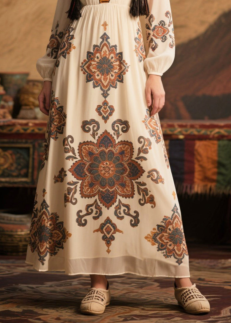 Loose White V Neck Print Chiffon Holiday Dress Fall