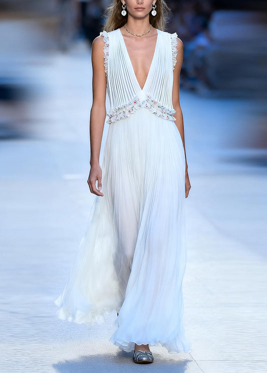 Loose White V Neck Ruffled Floral Patchwork Chiffon Maxi Dress Sleeveless
