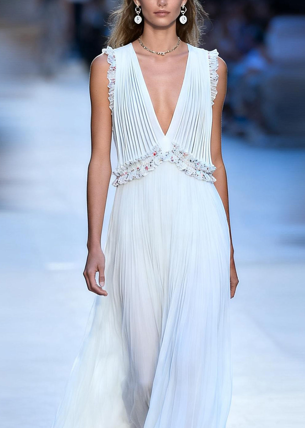 Loose White V Neck Ruffled Floral Patchwork Chiffon Maxi Dress Sleeveless