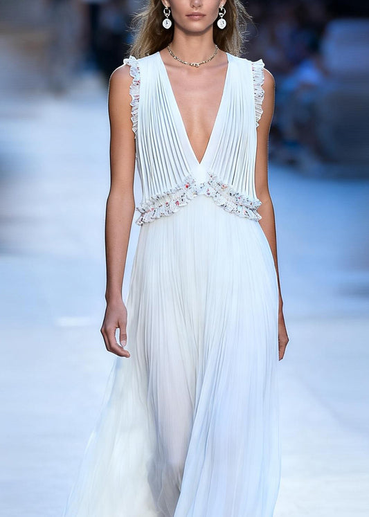 Loose White V Neck Ruffled Floral Patchwork Chiffon Maxi Dress Sleeveless