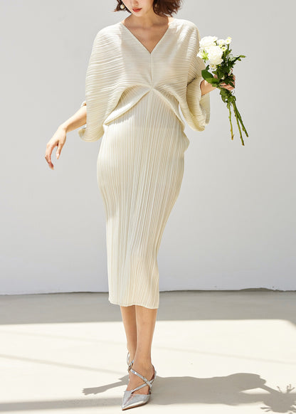 Loose White V Neck Side Open Cotton Long Dress Batwing Sleeve